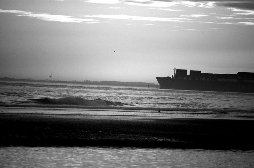 Container ship in B and W